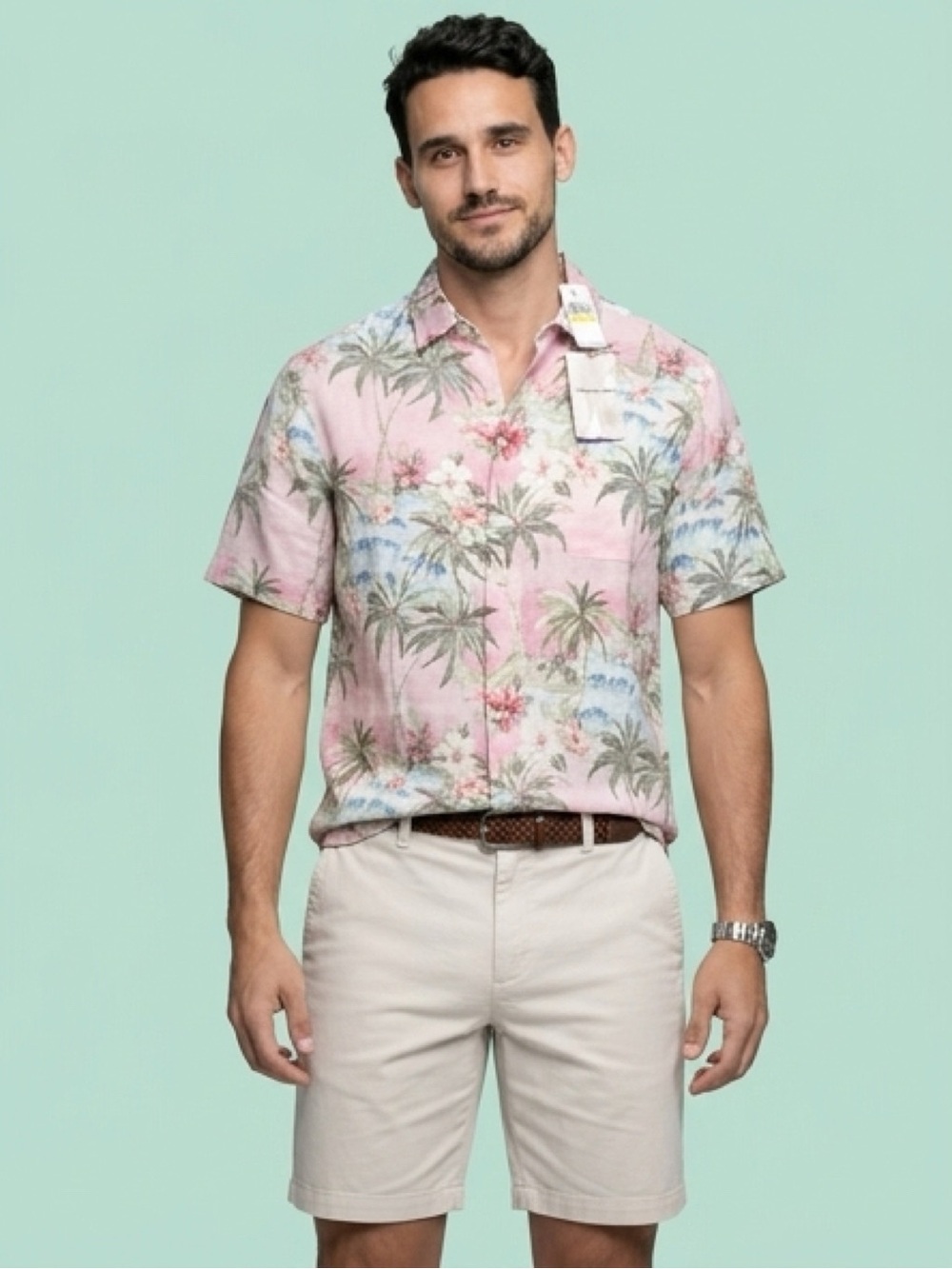 Men’s Tommy Bahama Pink Linen Tropical Palm Short-Sleeve Button-Down Shirt